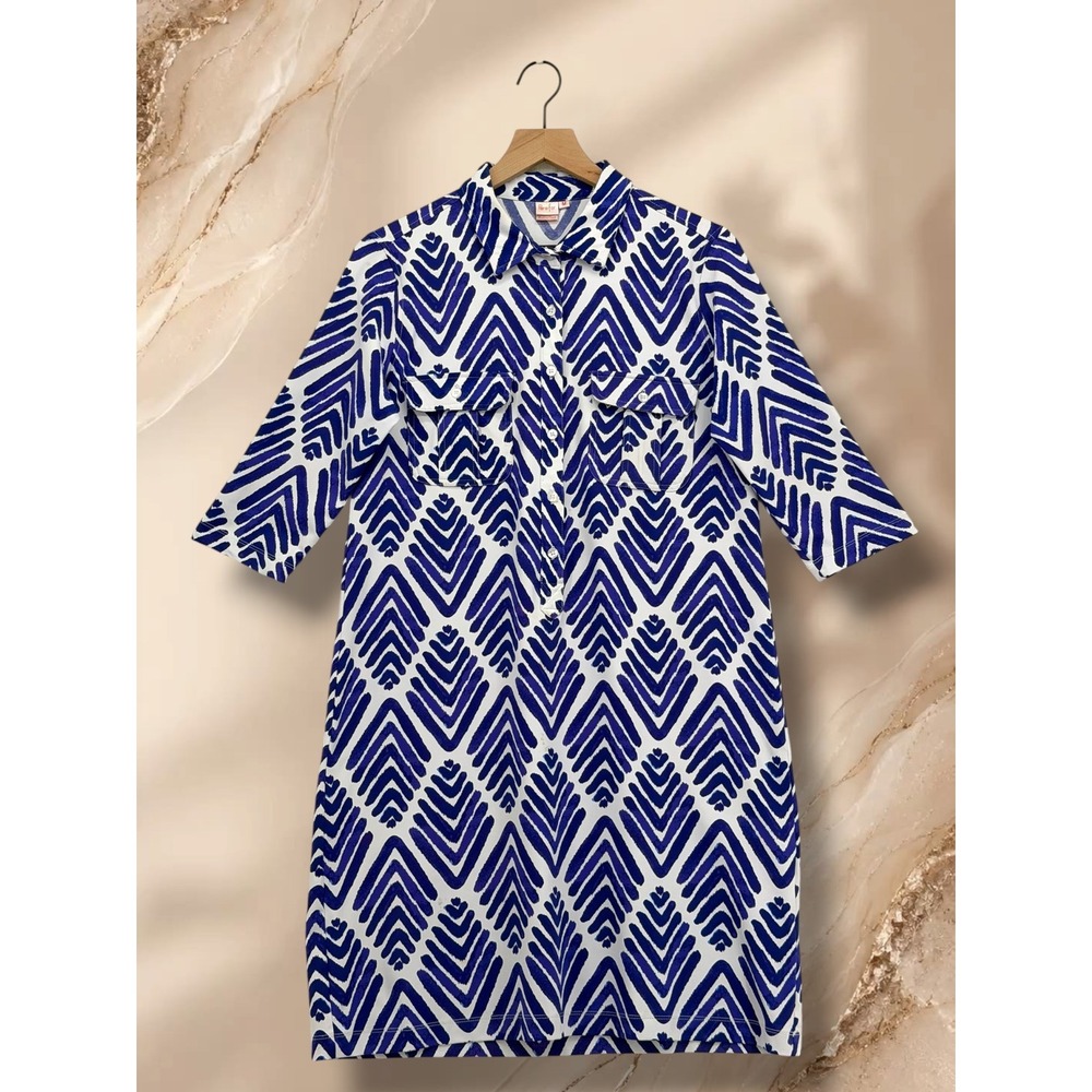 Persifor Blue White Geometric Chevron Print Shift Shirt Dress Size M